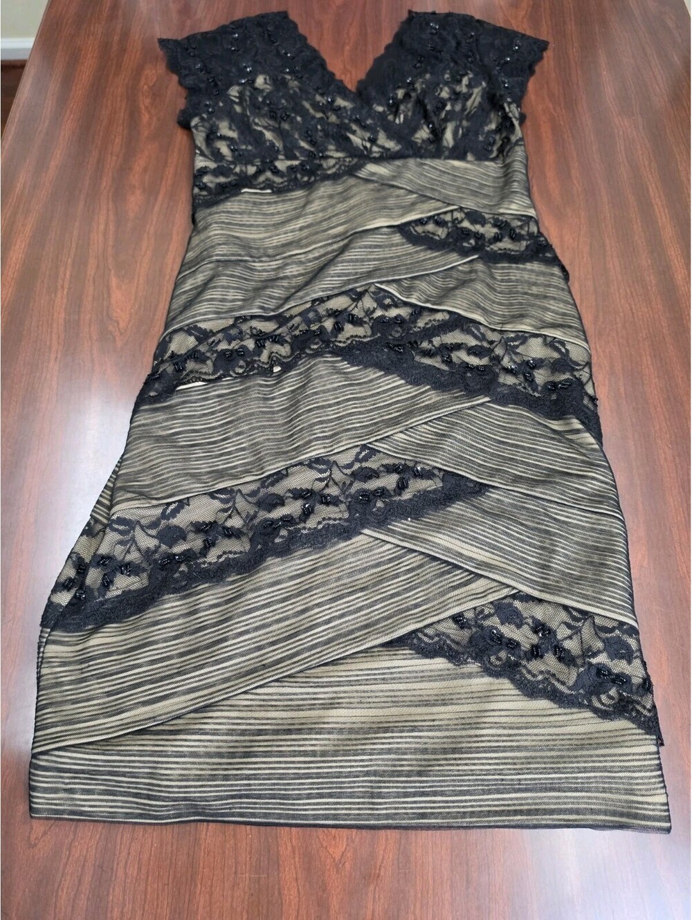 Marina Size 10 Black Beige V Neck Beaded Lace Cocktail Party Midi Goth Dress